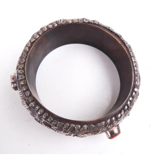 Vintage Tribal Repousse Silver and Coral Bracelet For Sale - Image 4 of 6