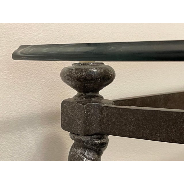 Vintage Iron Barley Twist Demilune Console Table With Beveled Glass Top For Sale - Image 12 of 13