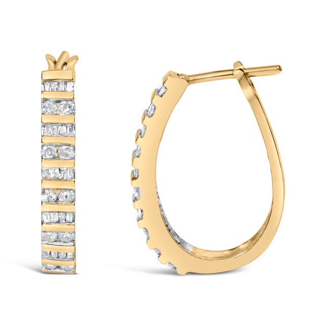 Contemporary 10K Yellow Gold 1.0 Cttw Alternating Diamond "U" Hoop Earrings (I-J Color, I2-I3 Clarity) For Sale - Image 3 of 5