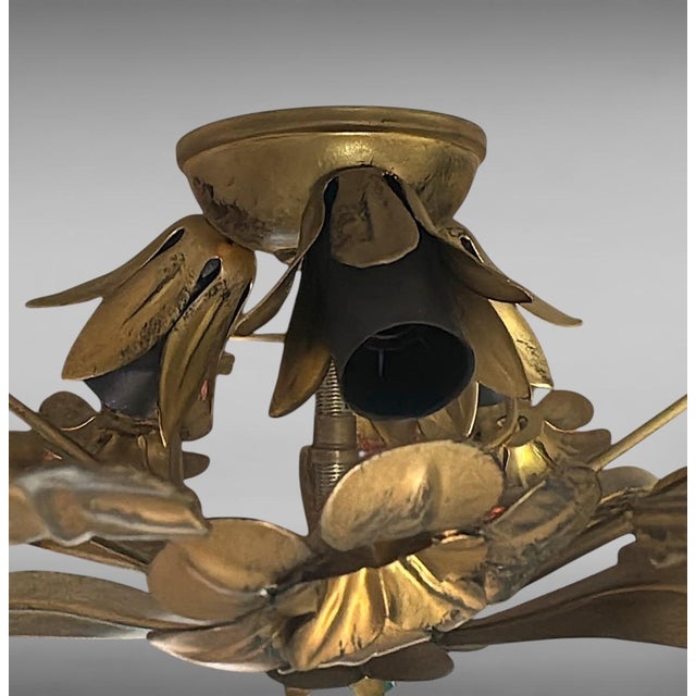 Vintage Italian Florentine Style Gilt Wrought Iron Flush Mount Ceiling Light For Sale - Image 13 of 18