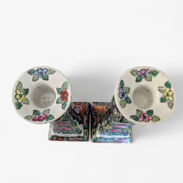 Chinoiserie Vintage Chinoiserie Rose Medallion Porcelain Hand Painted Candle Holders -a Pair For Sale - Image 3 of 12