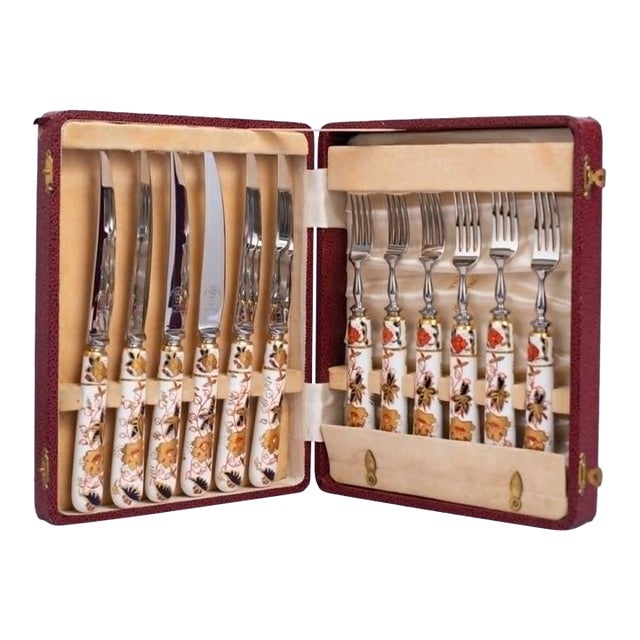 Vintage Boxed Set of Royal Crown Derby “Asian Rose” Knives & Forks, ca.1950-1960 For Sale