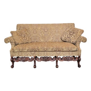 Late 20th Century Southwood Mahogany Rococo Sofa Damask Fabric Carved Frame Made North Carolina For Sale
