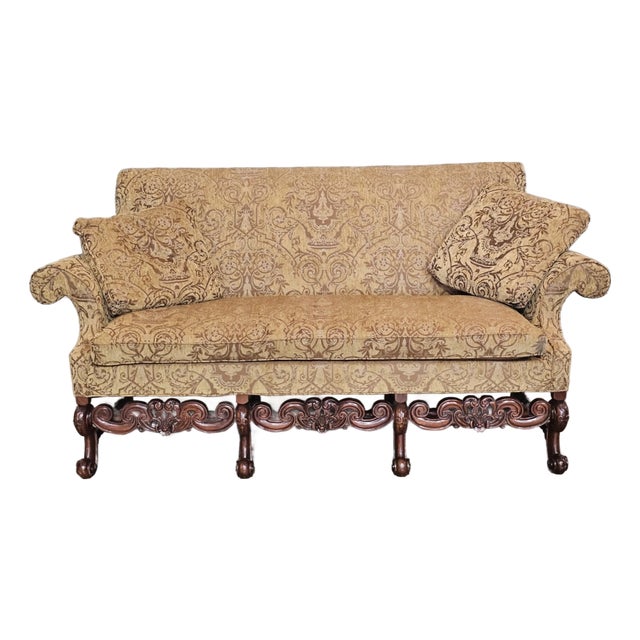 Late 20th Century Southwood Mahogany Rococo Sofa Damask Fabric Carved Frame Made North Carolina For Sale
