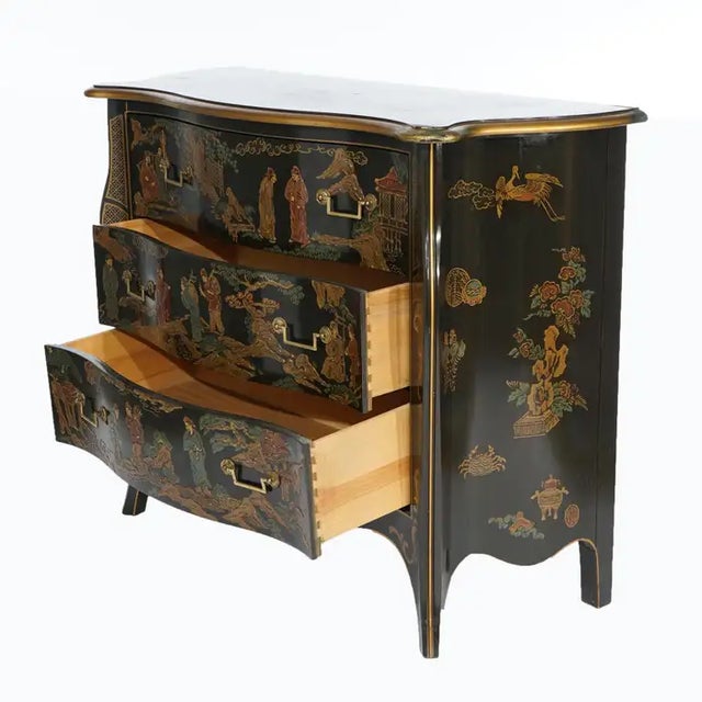 Wood 1980s Drexel Heritage Chinoiserie Decorated & Gilt Commode For Sale - Image 7 of 13
