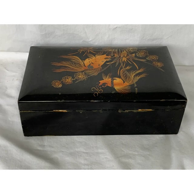 Vintage Black Lacquered Wooden Jewelry Box With Hand-Painted Koi Fish For Sale - Image 4 of 13