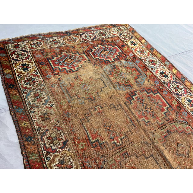 Early 19th Century Vintage Caucasian Hand-Knotted Low Pile Rug – Distressed Geometric Tribal Rug For Sale - Image 5 of 11