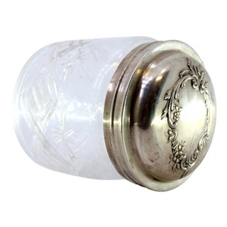 Cut Glass Jar with Silver Lid with Reliefs and Monogram Card For Sale