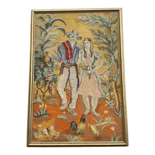 Antique 1920s Aubusson Style Spanish Mexican Figures and Foliage Tapestry Signed and Framed For Sale