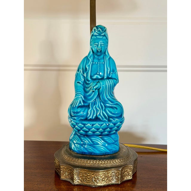 1970s Chinese Ceramic Glazed Turquoise Seated Figure Table Lamp For Sale - Image 10 of 12