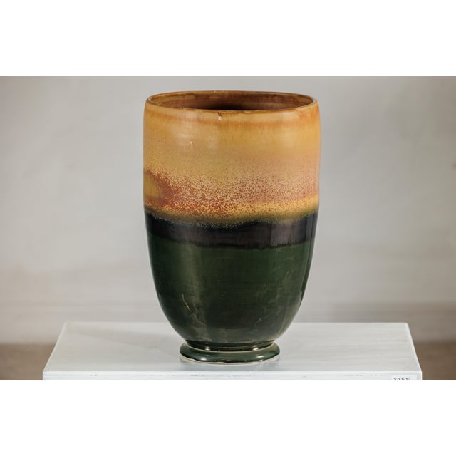 Tan Late 20th Century Large Ochre and Green Glazed Ceramic Planter with Tiered Earth-Tone Finish For Sale - Image 8 of 18