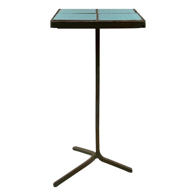 Modern Azure Iron and Tiles Side Table, France, 1960s For Sale