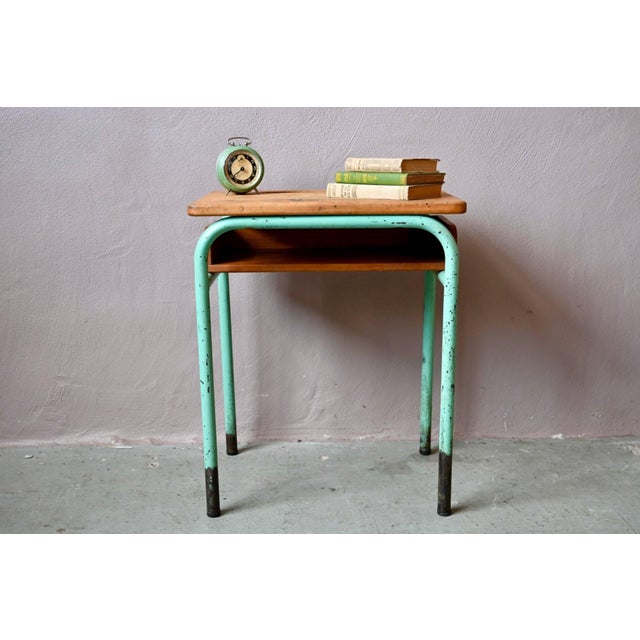 Vintage School Desk in Mint Green Metal and Wood, 1950s For Sale - Image 9 of 9