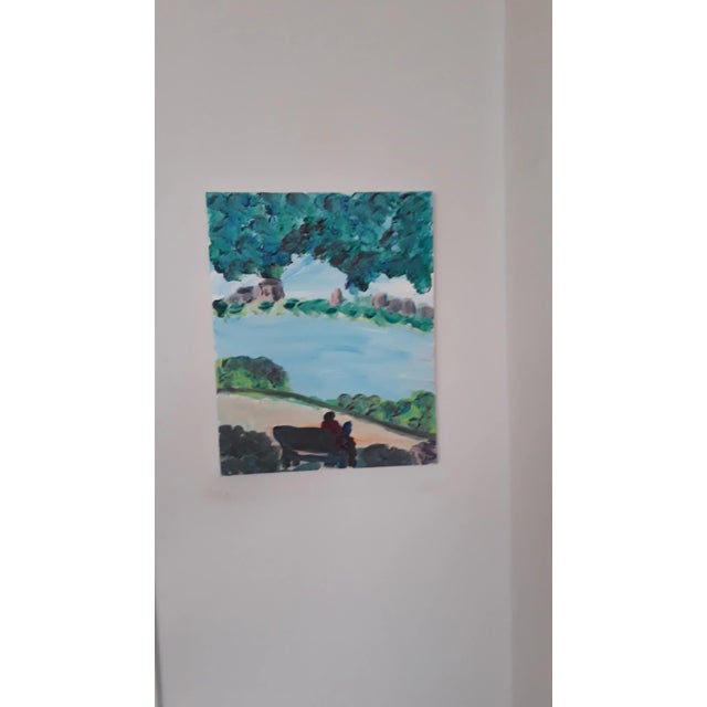 Textile Robert Sundholm "Couple on Bench at the Hudson" Painting. Outside Art For Sale - Image 7 of 8
