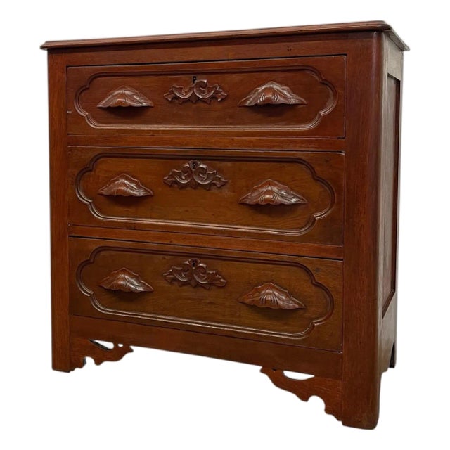 1970s French Provincial Style Three-Drawer Chest With Carved Leaf Motifs and Dovetail Joinery For Sale