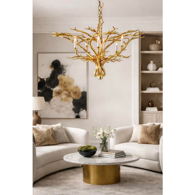 Hollywood Regency Coco Chanel & Maison Jansen Inspired Gilt Metal Faux Bois Twig Chandelier 8 Arm For Sale - Image 3 of 6