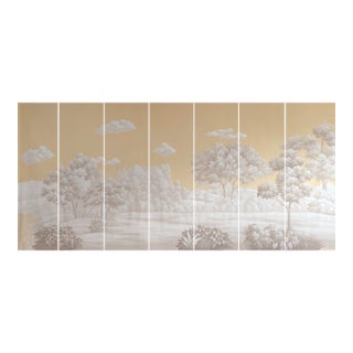 36" * H108" *7ps, Hand-Painted Retro Warm Gold Wilderness Landscape Wall Mural, Vintage Chinoiserie Monochrome Golden Tone Landscape Wall Cloth For Sale