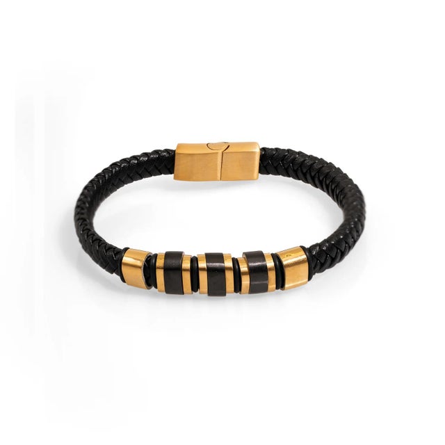 Early 21st Century Men's Style Fashion Black Leather & Gold Bracelet For Sale - Image 5 of 7