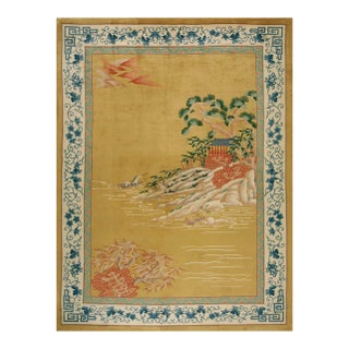 Traditional Display of Chinese Culture on a Yellow Background Color Antique Chinese Art Deco Rug For Sale