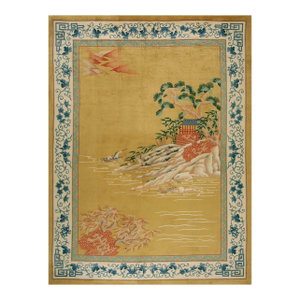 Traditional Display of Chinese Culture on a Yellow Background Color Antique Chinese Art Deco Rug
