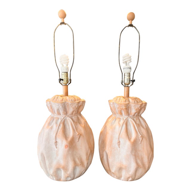 1980s Pair Vintage Post Modern Paper Bag Rope Tie Ceramic Plaster Lamp For Sale