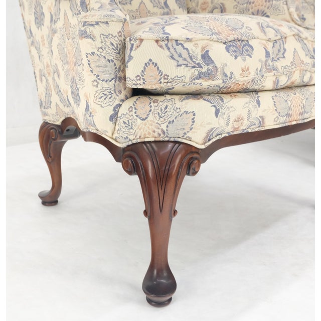 Mid-Century Modern Queen Ann Carved Walnut Bases Blue & White Upholstery Arm Chairs - A Pair For Sale - Image 3 of 12