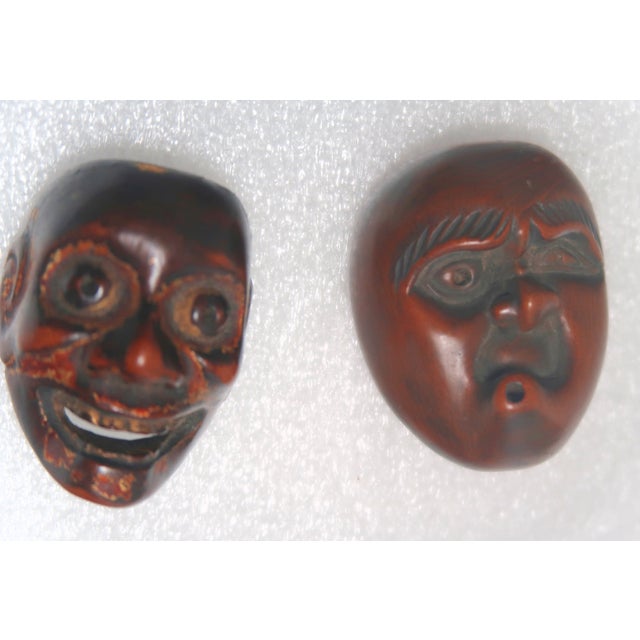 Japanese Antique Carved Wood Mask Netsukes, Signed Deme Joman and Iko For Sale - Image 3 of 9