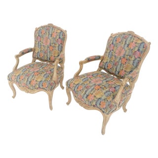 Pair of French Provincial Decorative Floral Pattern Carved Arm Chairs MINT For Sale