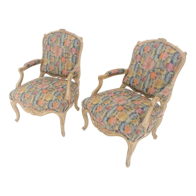 Pair of French Provincial Decorative Floral Pattern Carved Arm Chairs MINT For Sale