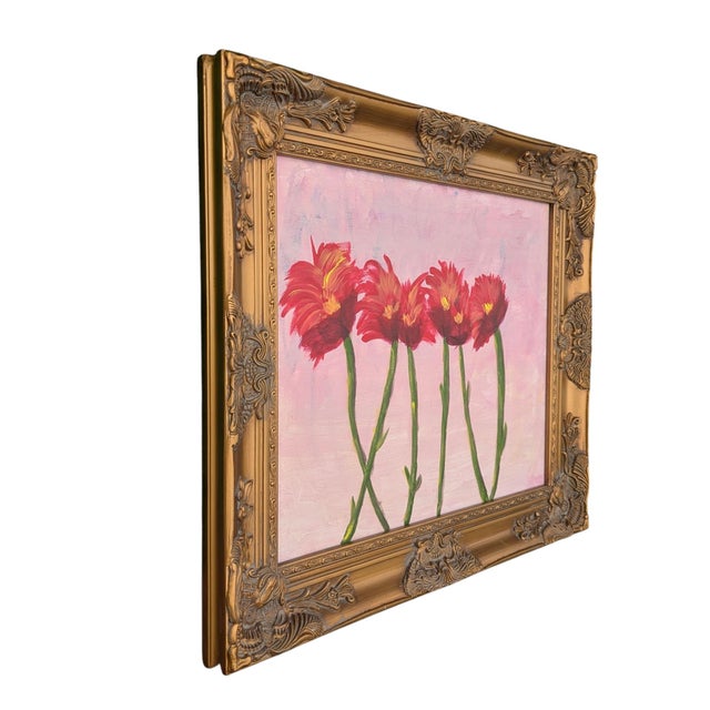 Original Botanical Flower Painting Framed Painted in a naive style and encased in an ornate gold frame Artist Unknown