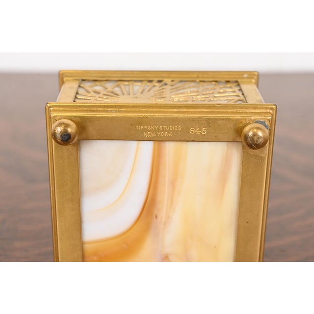 Tiffany Studios New York Pine Needle Bronze Doré and Favrile Slag Glass Inkwell For Sale - Image 10 of 12