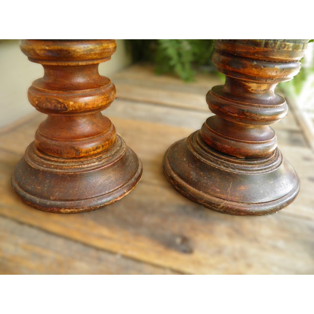 VTG Wooden Pillar Candle Holders Dark Brown Turned Wood Spindle Set of 2 For Sale - Image 4 of 7