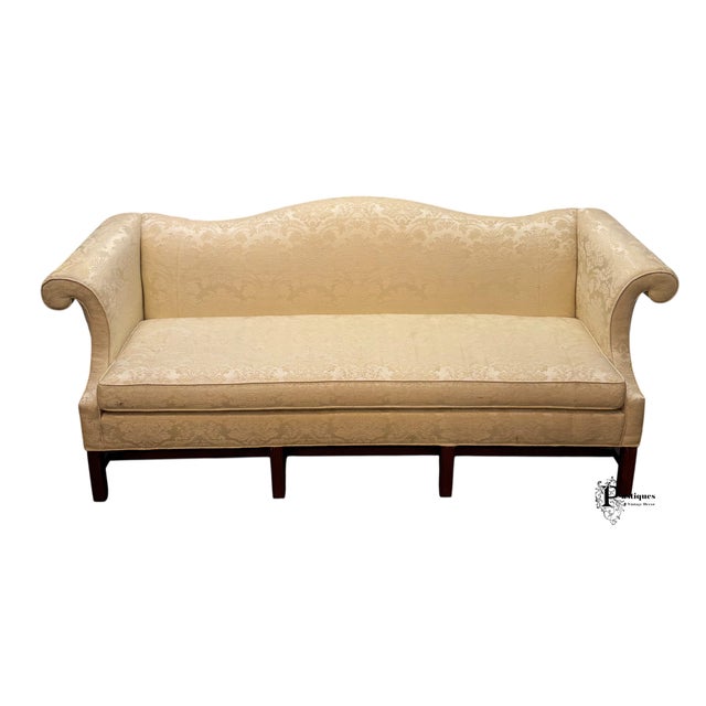 Ivory Vintage Chippendale Style Mahogany Frame Camel Back Ivory Damask Print Upholstered Sofa For Sale - Image 8 of 10