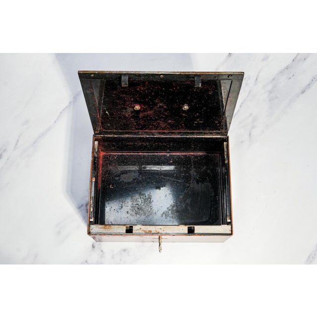 Amazing Antique Painted Faux Wood Metal Lock Strong Box With Key Home Office Decor For Sale - Image 12 of 16