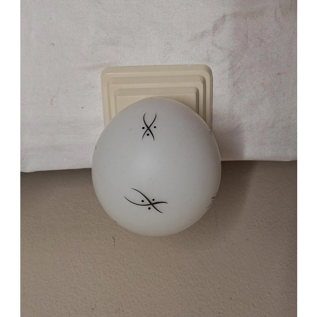Mid-Century Modern Ceiling Lamp with Stepped Cream-White Bakelite Base and White Glass Shade with Hand-Painted Black Decor by Niko, 1950s For Sale - Image 6 of 8