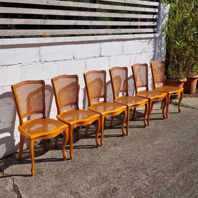 French Provincial Louis XV Style Cane and Cherrywood Dining Chairs, Set of 6 For Sale - Image 6 of 18