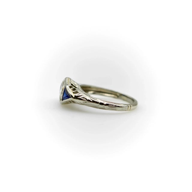 Metal Art Deco 14k White Gold Diamond and Sapphire Ring, Size 4.5 For Sale - Image 7 of 10