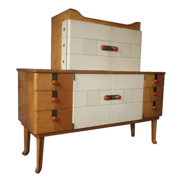 Art Deco Sideboard in Maple with Leather and Gilt Glass from Laszlo Hoenig, 1940s For Sale