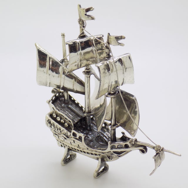 Vintage Italian Handmade Genuine Silver Caravel Sailing Ship Figurine Sculpture For Sale - Image 4 of 9