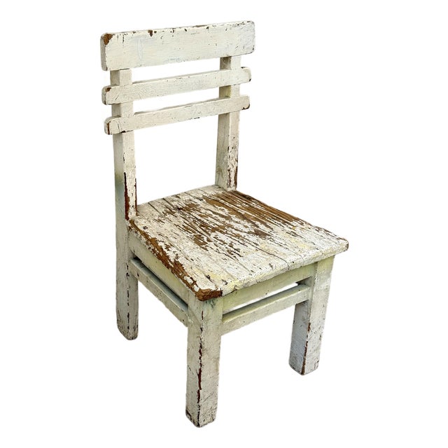 Charming Antique Gustavian Child’s Wooden Chair With Chippy Paint Finish & Rustic Vibe, Dating From Early 20th Century For Sale