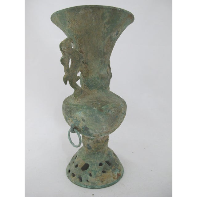 Chinese Archaic Bronze Ware Fengshui Ritual Vessel Hu Vase With Dragon Handles For Sale - Image 4 of 14