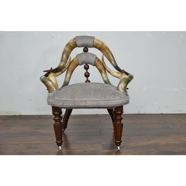 Late 19th Century English Mahogany and Horn Victorian Chair with Velvet Upholstery circa 1880 For Sale - Image 5 of 12