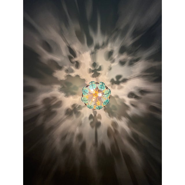 1970s 1970s Mid-Century Modern Style Teal Turquoise Hand-Painted Glass and Gold Floral Chandelier⁠ For Sale - Image 5 of 17
