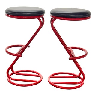 1980s Pair of Post Modern Bar Stools in Red & Black For Sale