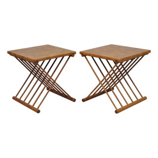Mid Century Danish Modern Mandalay Teak Folding Campaign Style Side Tables Pair For Sale