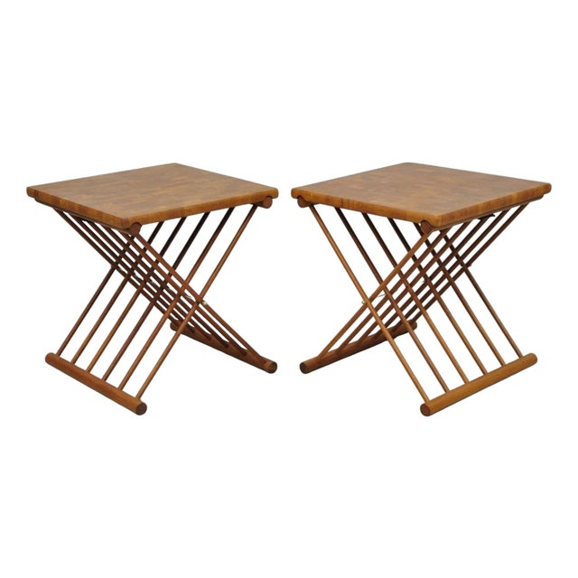 Mid Century Danish Modern Mandalay Teak Folding Campaign Style Side Tables Pair For Sale