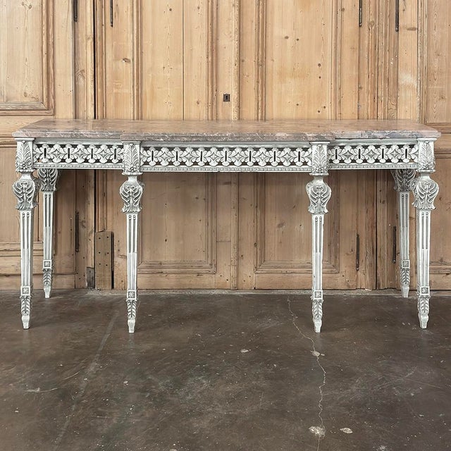 French Grand Neoclassical Italian Painted and Carved Wood Console With Marble Top ~ Louis XVI Style For Sale - Image 3 of 18