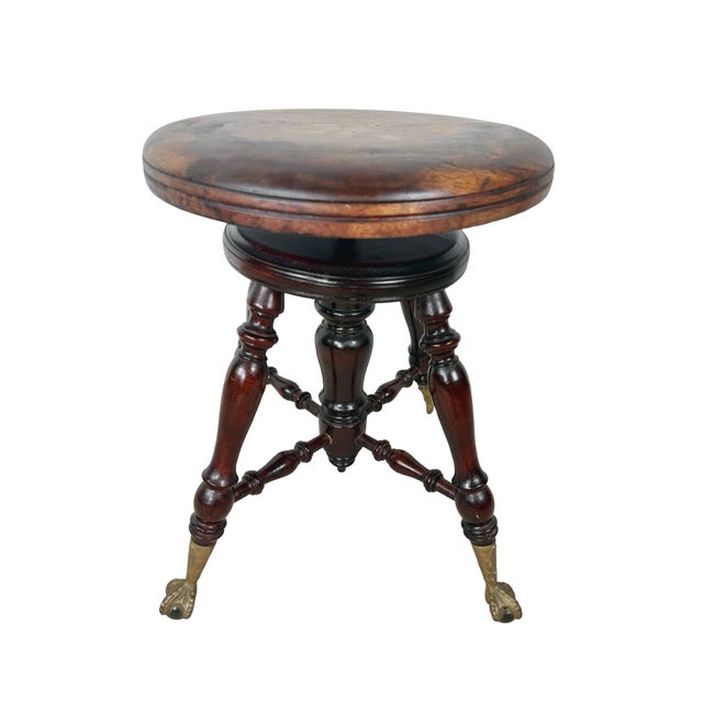 Antique Victorian Style Adjustable Piano Stool With Glass Ball-and-Claw Feet For Sale - Image 15 of 16
