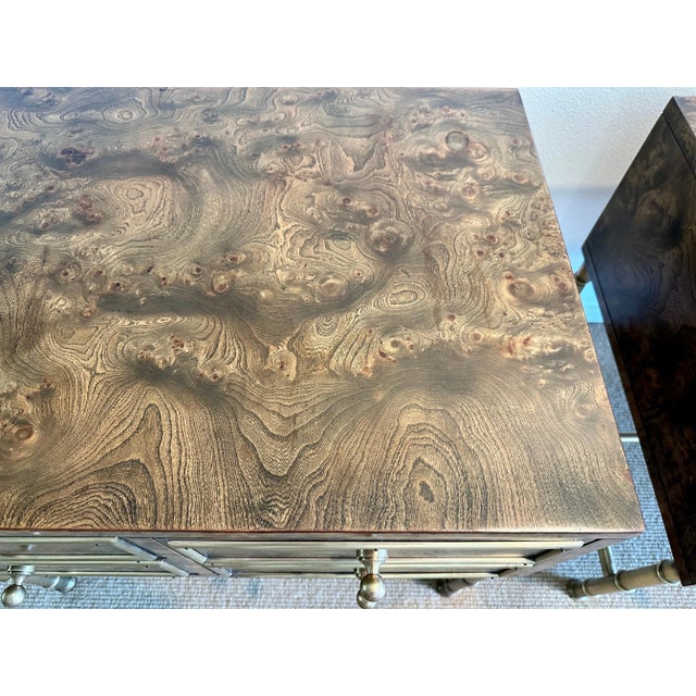 Mid-Century Modern Vintage Burlwood and Brass Night Tables by Mastercraft - A Pair For Sale - Image 3 of 11