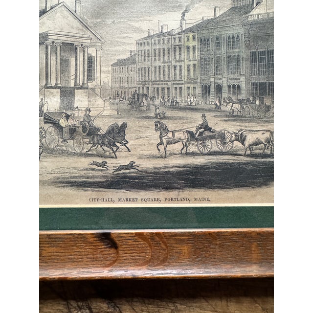 Original 1853 hand colored engraving: "City Hall, Market Square, Portland, Maine". Seems to be the original mat and oak...